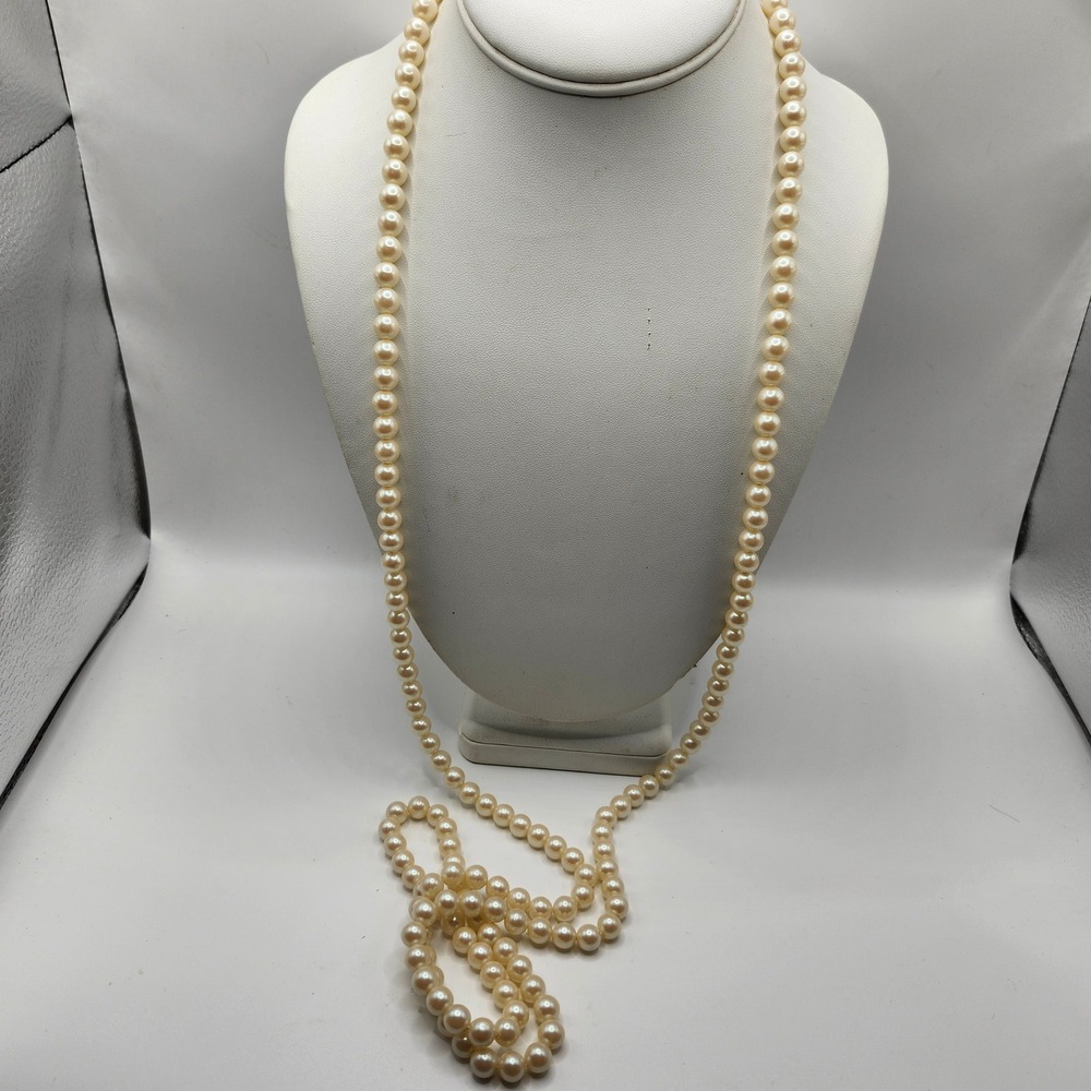 Vintage Cream Faux Pearl Opera Length Strand Necklace Silver Tone Clasp